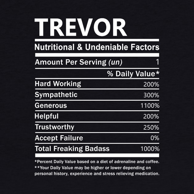 Trevor Name T Shirt - Trevor Nutritional and Undeniable Name Factors Gift Item Tee by nikitak4um